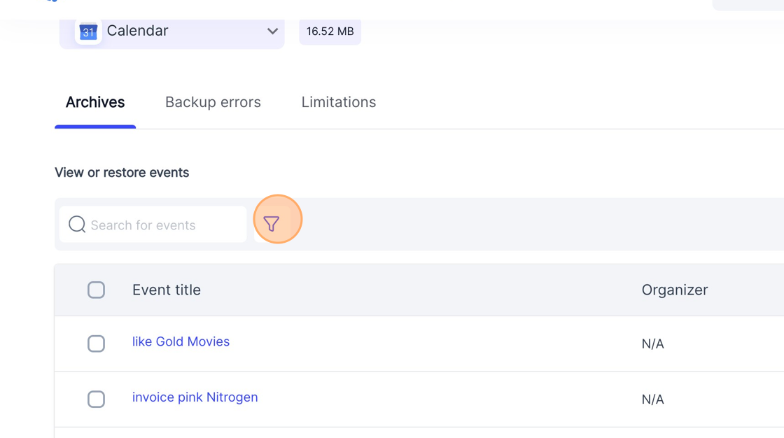 How do I filter the Contacts Calendar or Sites data in the backup
