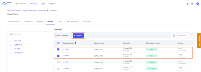 Choose the required classwork titles and export