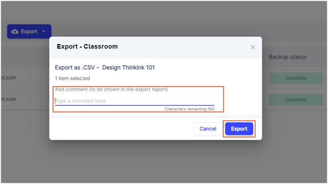 Export pop-up