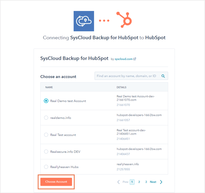 Choose account to backup