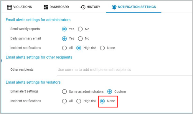 Email alerts settings