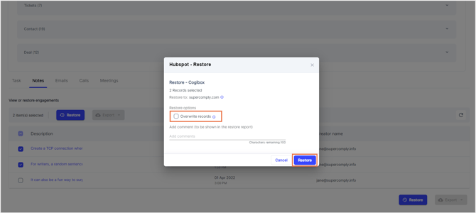 Overwrite records and restore