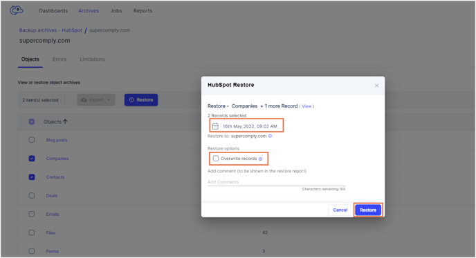 Select snapshot to restore 