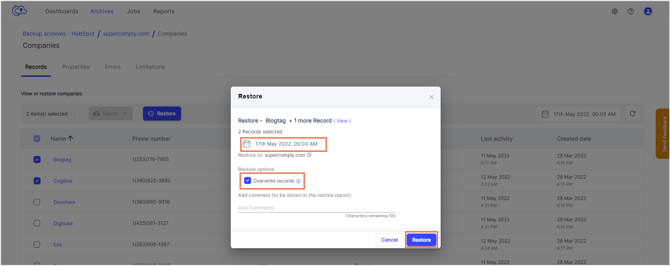 Select snapshot to restore records