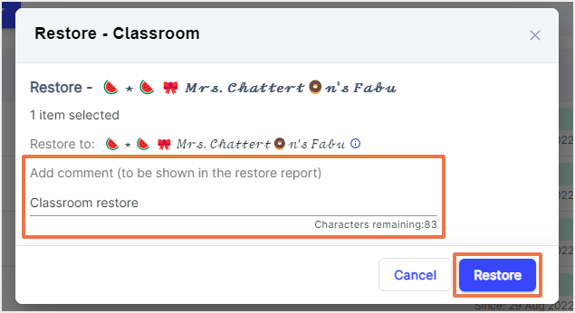 classroom restore confirmation