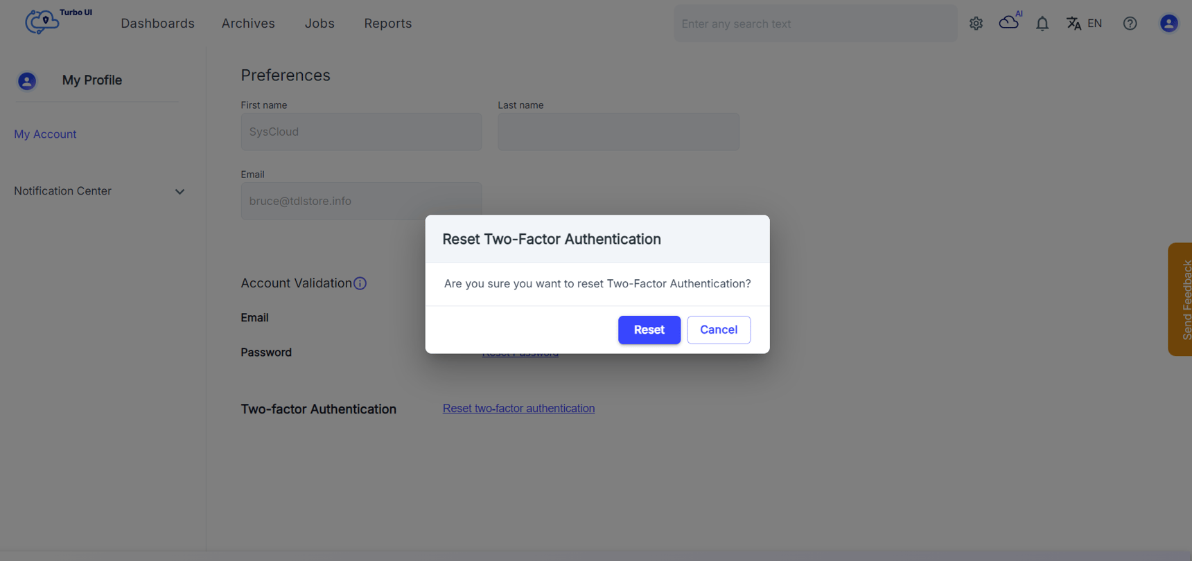 How to reset two-factor authentication for SysCloud backup application?